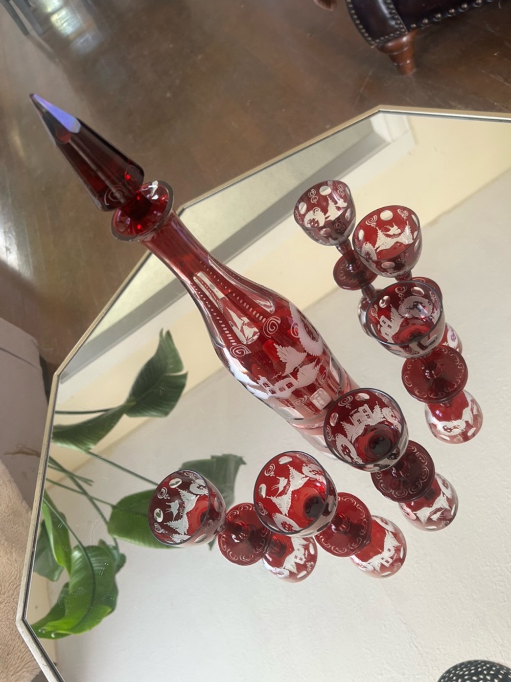 Red Etched Glass Decanter Set with Matching Cordials